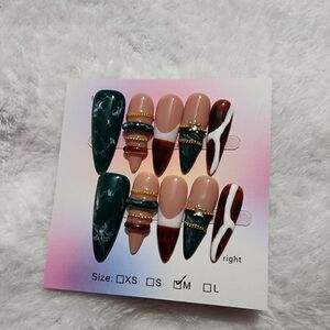 Neutral & Forest Green False Nail Set with Brown Accent - Women Makeup